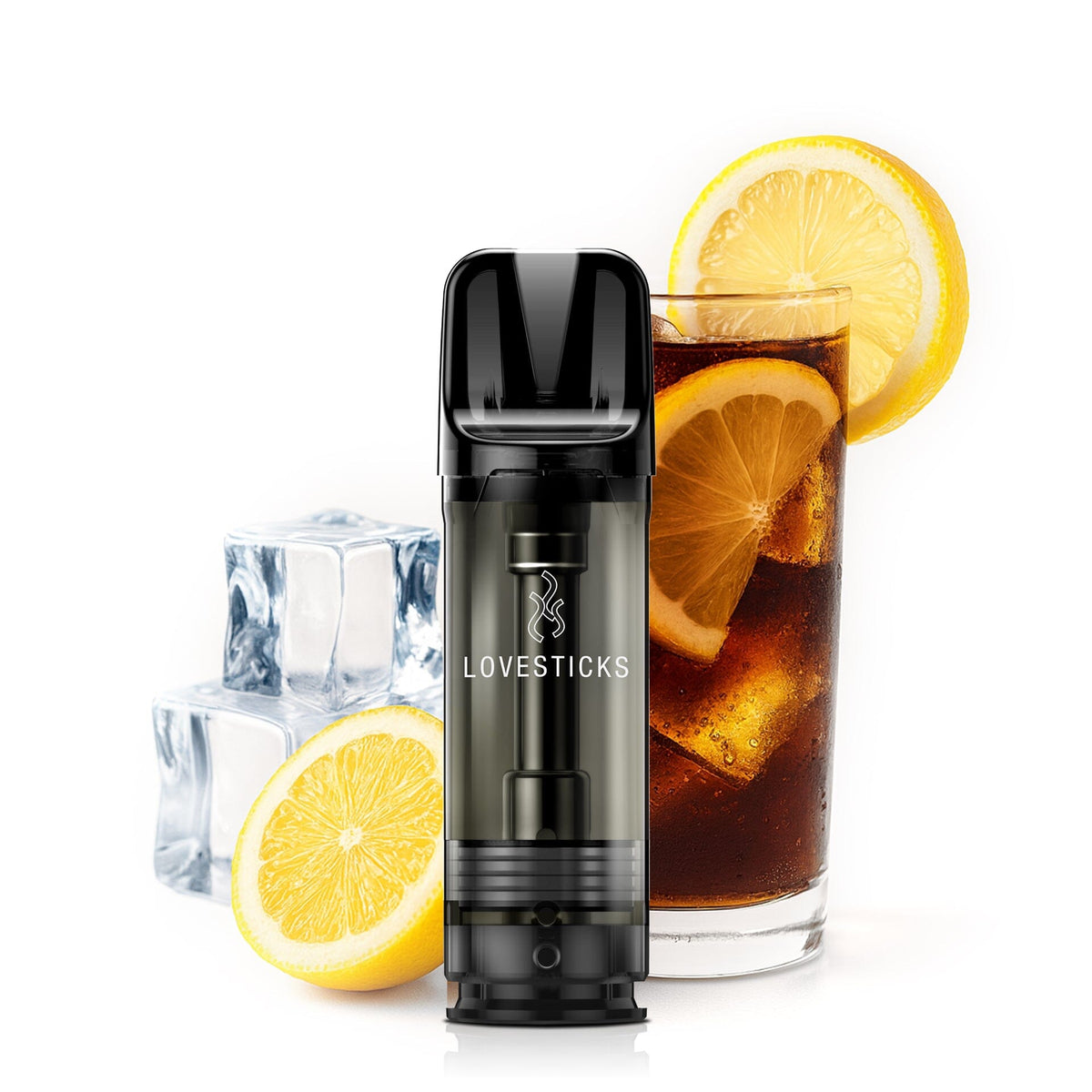 LUVA&CO Prefilled Pod Cola Ice, einzelner Pod mit 20 mg/ml Nikotinsalz vor Colaglas und Zitrone