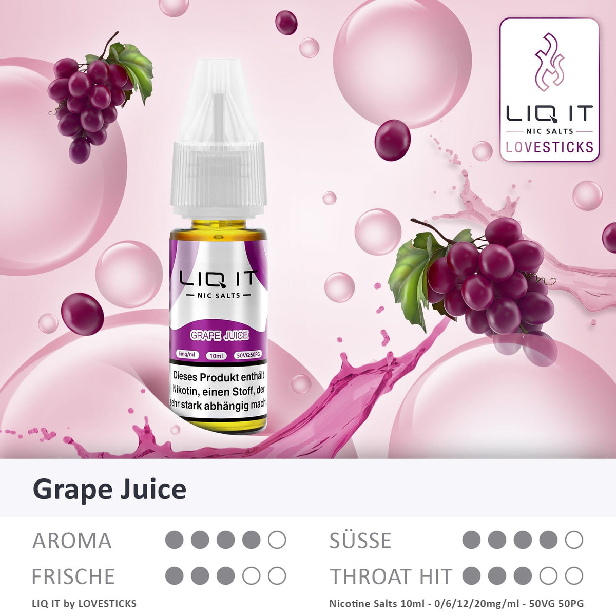 LIQ IT Grape Juice Liquid mit 6 mg Nikotinsalz, Flasche mit Grafik zu Aroma, Süße, Frische und Throat Hit