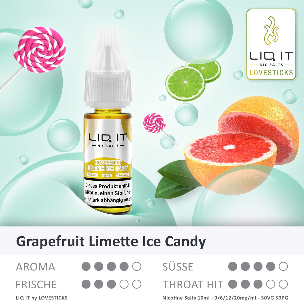 LIQ IT Grapefruit Limette Ice Candy Liquid mit 6 mg Nikotinsalz, Flasche mit Grafik zu Aroma, Süße, Frische und Throat Hit