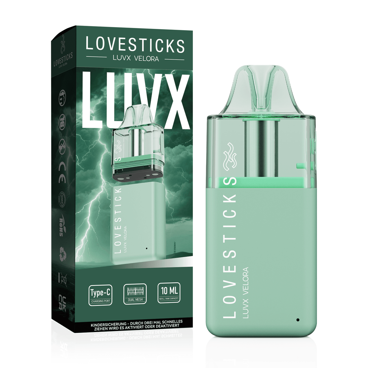 LUVX Velora Pod Kit Green, nachfüllbares Pod-System für Liquid ohne Nikotin, Gerät neben Verpackung