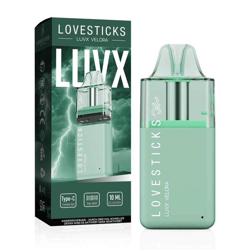 LUVX Velora Pod Kit Green, nachfüllbares Pod-System für Liquid ohne Nikotin, Gerät neben Verpackung