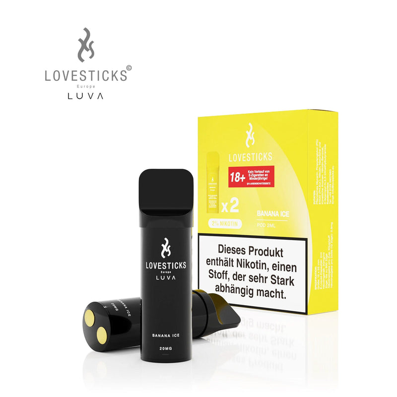 LUVA Pod Banana Ice, 2 vorbefüllte Pods à 2 ml mit 20 mg/ml Nikotinsalz, Pods neben Verpackung