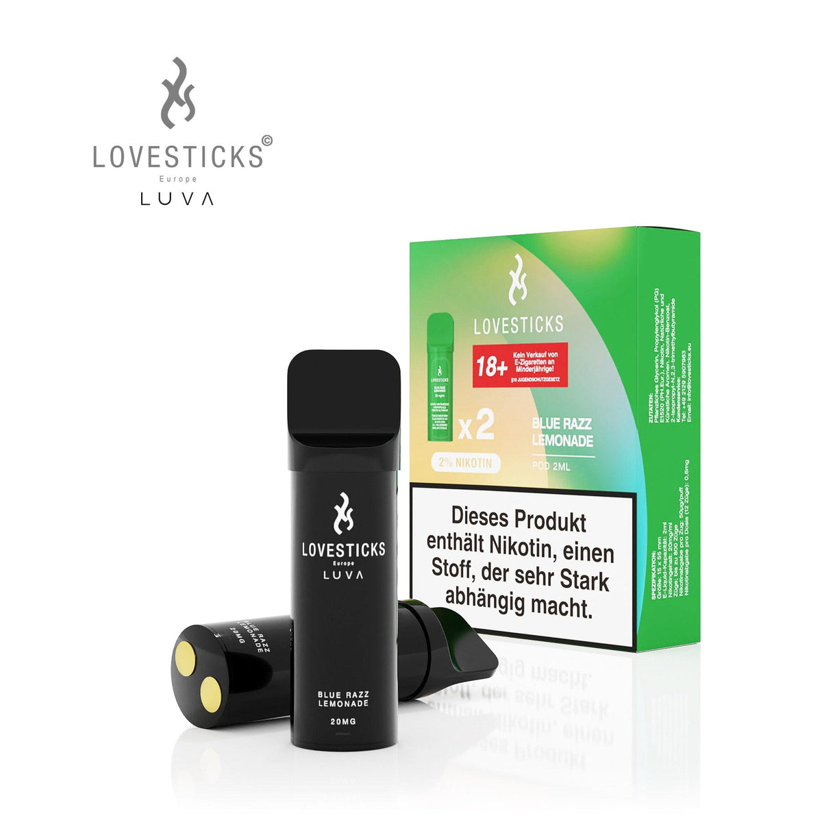 LUVA Pod Blue Razz Lemonade, 2 vorbefüllte Pods à 2 ml mit 20 mg/ml Nikotinsalz, Pods neben Verpackung