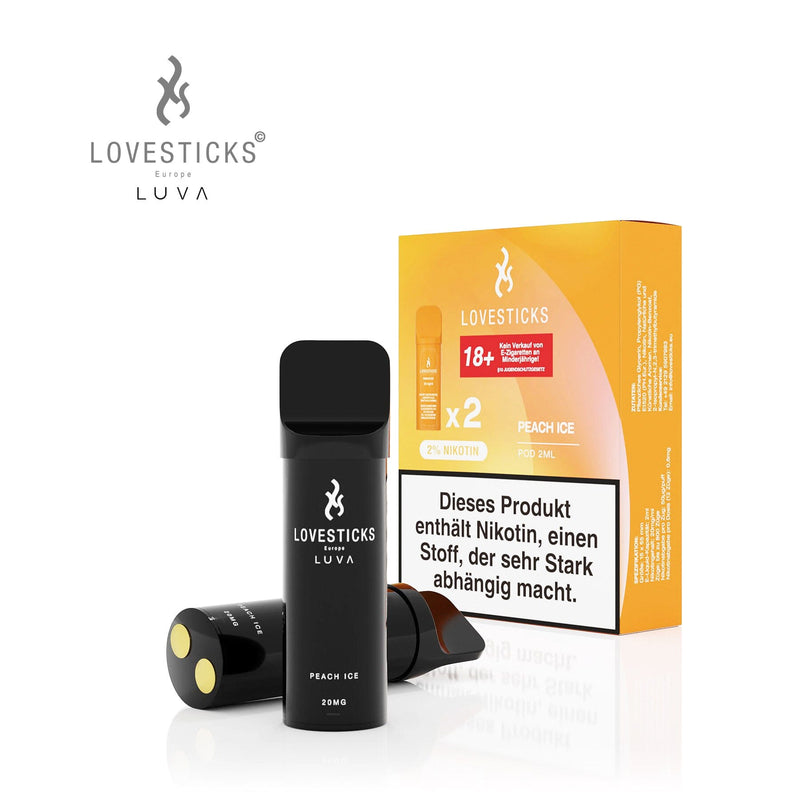 LUVA Pod Peach Ice, 2 vorbefüllte Pods à 2 ml mit 20 mg/ml Nikotinsalz, Pods neben Verpackung