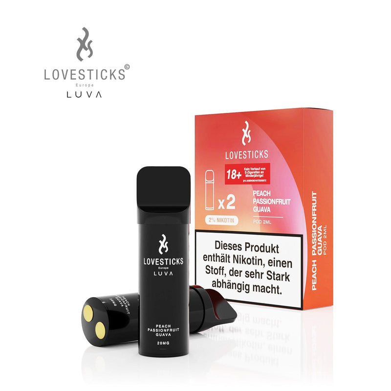 LUVA Pod Peach Passionfruit Guava, 2 vorbefüllte Pods à 2 ml mit 20 mg/ml Nikotinsalz, Pods neben Verpackung