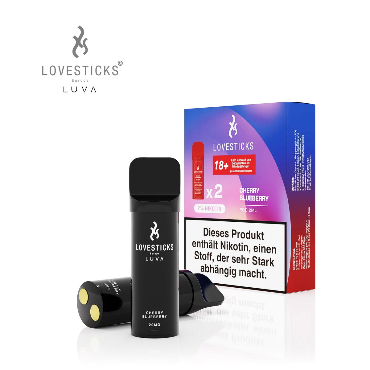 LUVA Pod Cherry Blueberry, 2 vorbefüllte Pods à 2 ml mit 20 mg/ml Nikotinsalz, Pods neben Verpackung