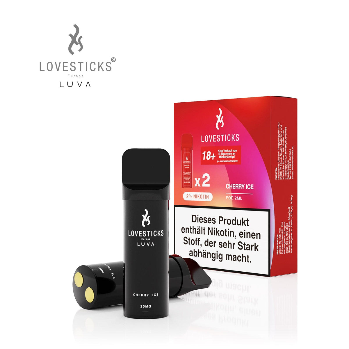 LUVA Pod Cherry Ice, 2 vorbefüllte Pods à 2 ml mit 20 mg/ml Nikotinsalz, Pods neben Verpackung