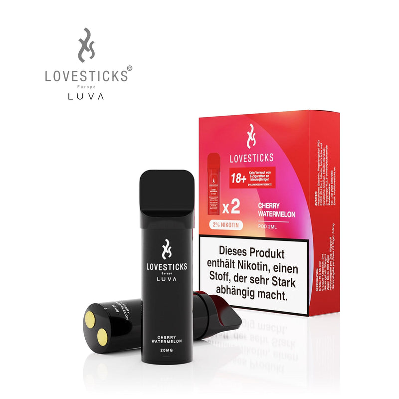 LUVA Pod Cherry Watermelon, 2 vorbefüllte Pods à 2 ml mit 20 mg/ml Nikotinsalz, Pods neben Verpackung