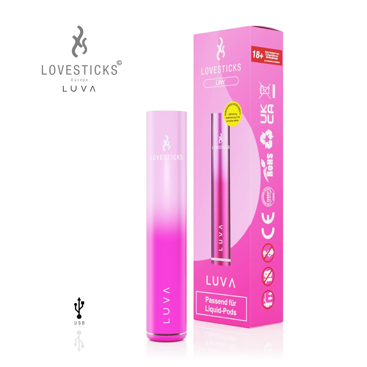 LUVA Akkuträger Liny, aufladbarer Akku mit 400 mAh für LUVA Pods, Gerät neben Verpackung