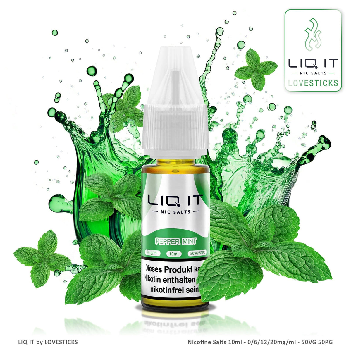 LIQ IT Pepper Mint Liquid mit 6 mg Nikotinsalz, 10-ml-Flasche vor Minzblättern