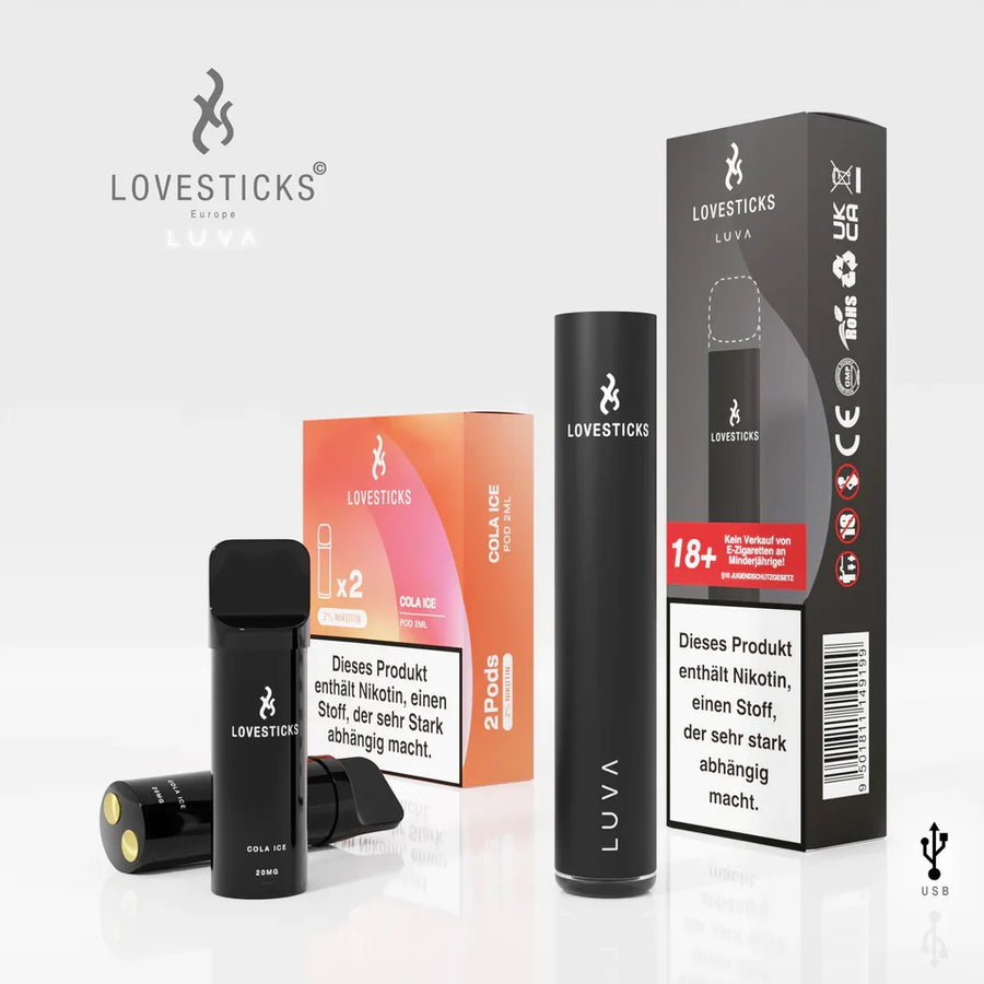 LUVA Kit Black: Akkuträger Black und 2 Pods Cola Ice mit 20 mg/ml Nikotinsalz neben Verpackung