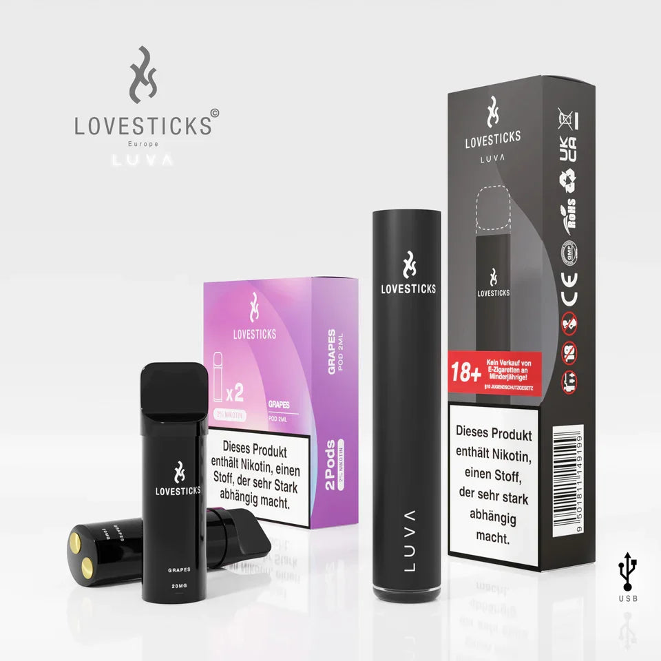 LUVA Kit Black: Akkuträger Black und 2 Pods Grapes mit 20 mg/ml Nikotinsalz neben Verpackung