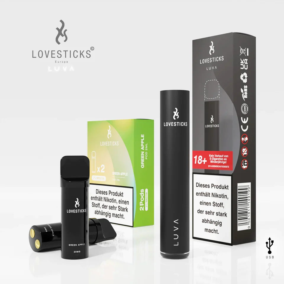 LUVA Kit Black: Akkuträger Black und 2 Pods Green Apple mit 20 mg/ml Nikotinsalz neben Verpackung