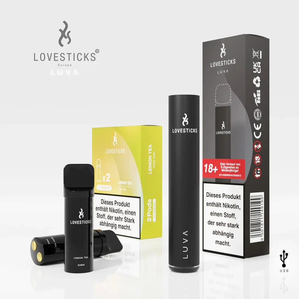 LUVA Kit Black: Akkuträger Black und 2 Pods Lemon Tea mit 20 mg/ml Nikotinsalz neben Verpackung