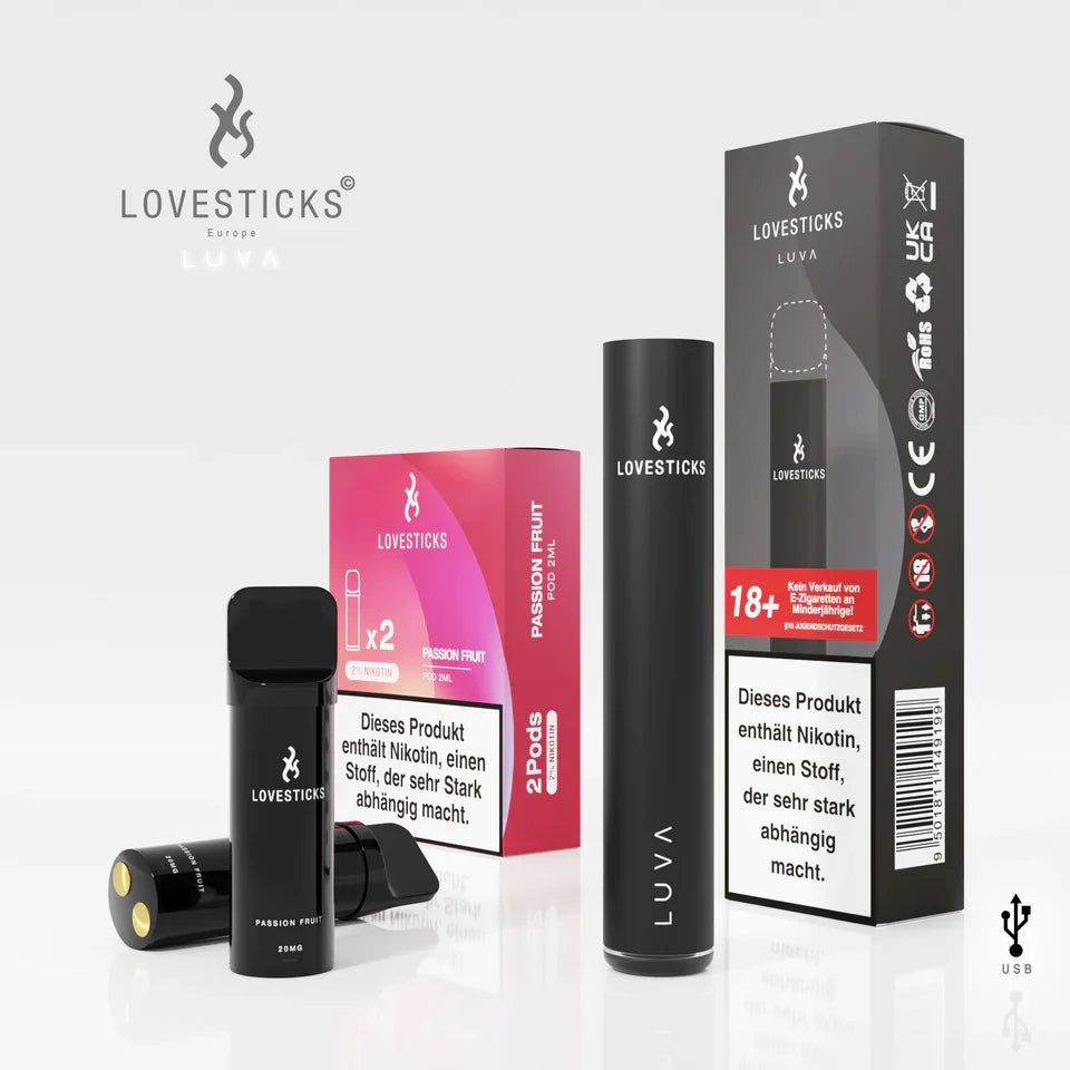 LUVA Kit Black: Akkuträger Black und 2 Pods Passion Fruit mit 20 mg/ml Nikotinsalz neben Verpackung