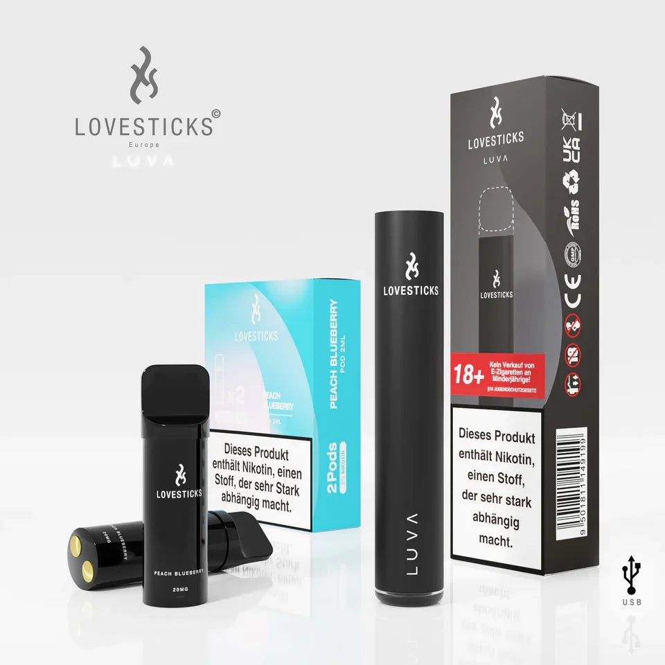 LUVA Kit Black: Akkuträger Black und 2 Pods Peach Blueberry Ice mit 20 mg/ml Nikotinsalz neben Verpackung