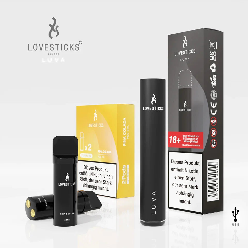 LUVA Kit Black: Akkuträger Black und 2 Pods Pina Colada mit 20 mg/ml Nikotinsalz neben Verpackung