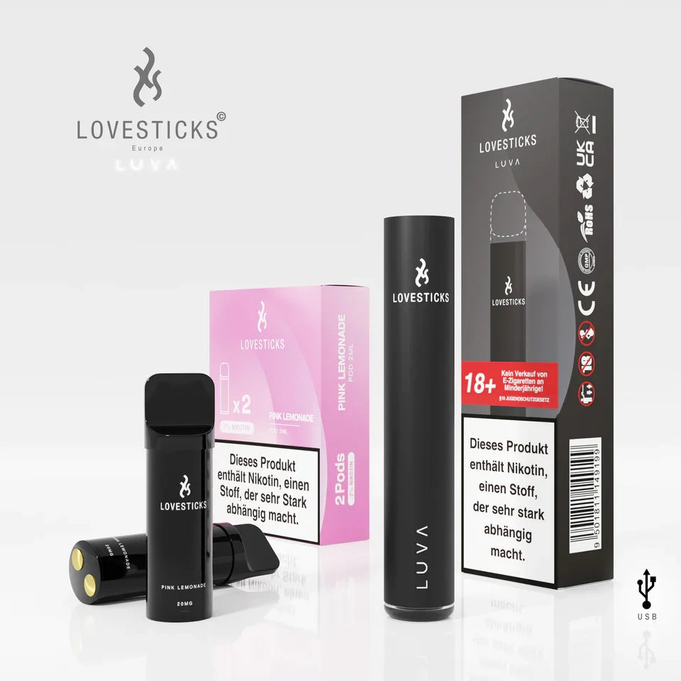 LUVA Kit Black: Akkuträger Black und 2 Pods Pink Lemonade mit 20 mg/ml Nikotinsalz neben Verpackung