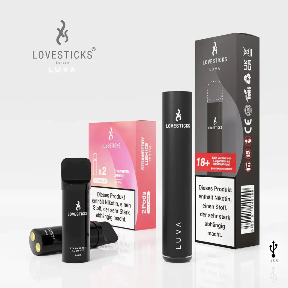 LUVA Kit Black: Akkuträger Black und 2 Pods Strawberry Lush Ice mit 20 mg/ml Nikotinsalz neben Verpackung