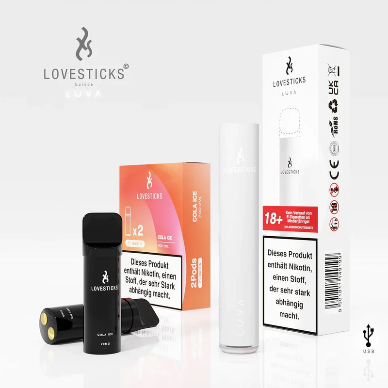 LUVA Kit White: Akkuträger White und 2 Pods Cola Ice mit 20 mg/ml Nikotinsalz neben Verpackung