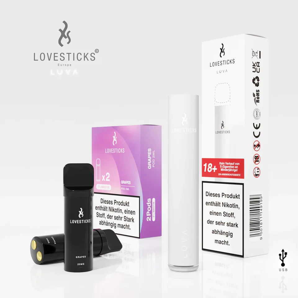 LUVA Kit White: Akkuträger White und 2 Pods Grapes mit 20 mg/ml Nikotinsalz neben Verpackung