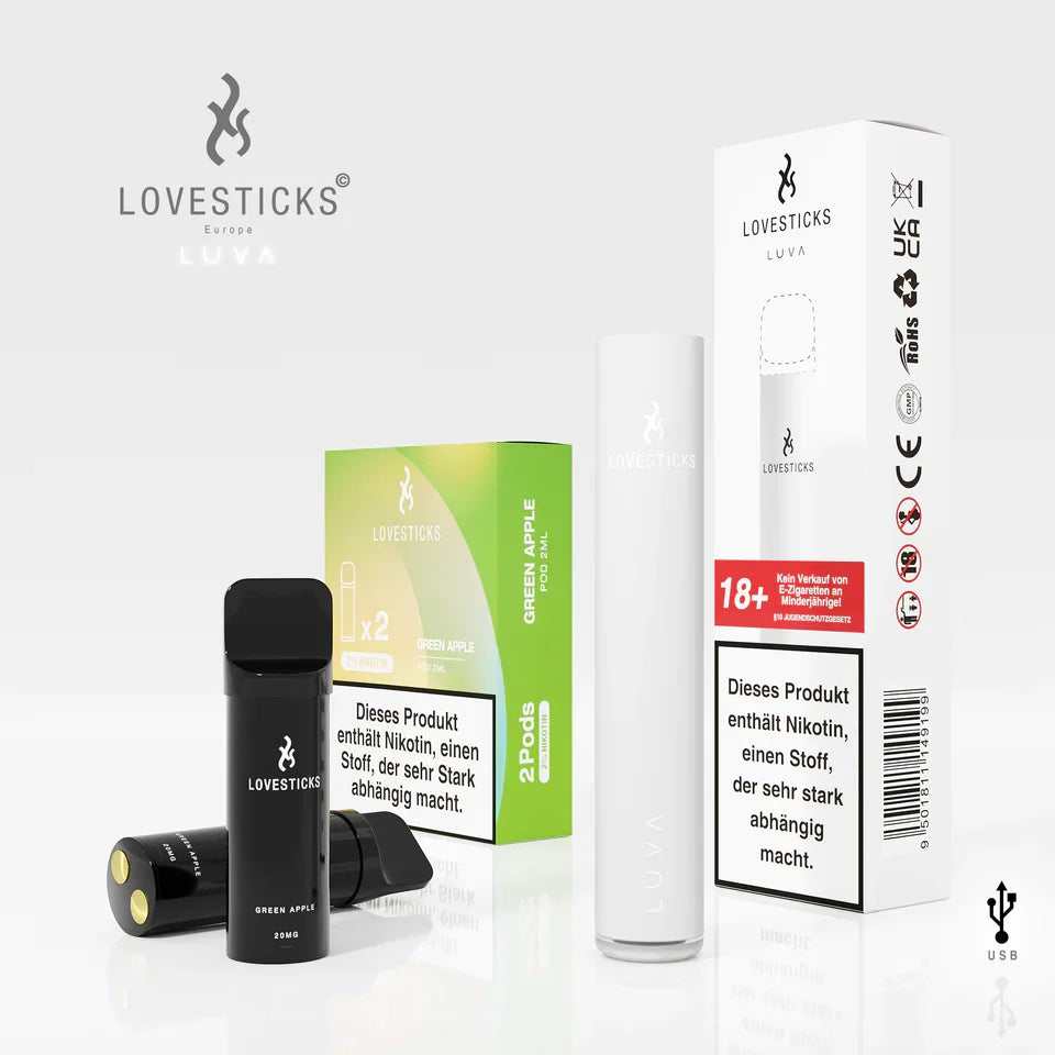 LUVA Kit White: Akkuträger White und 2 Pods Green Apple mit 20 mg/ml Nikotinsalz neben Verpackung