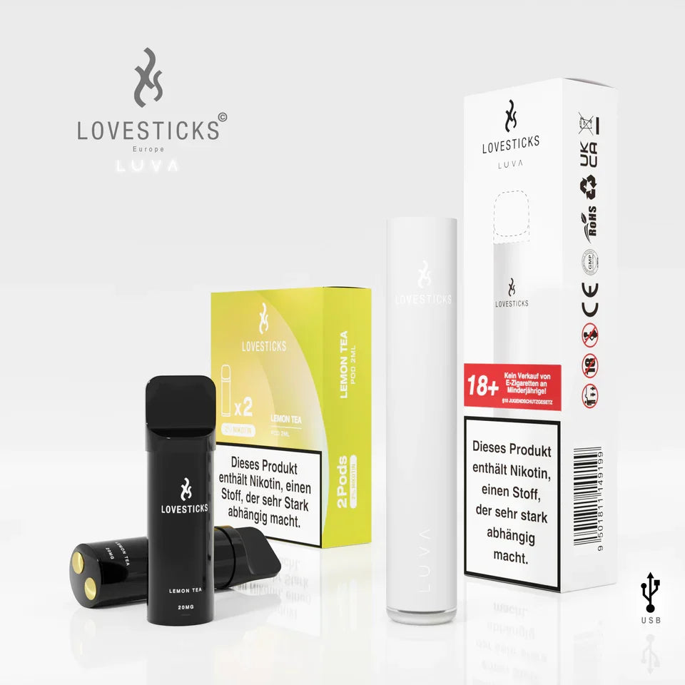 LUVA Kit White: Akkuträger White und 2 Pods Lemon Tea mit 20 mg/ml Nikotinsalz neben Verpackung