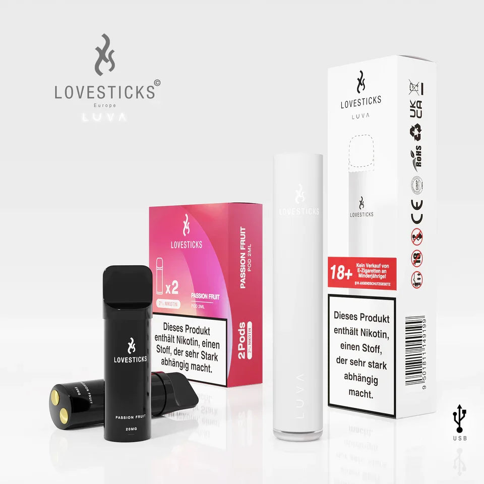 LUVA Kit White: Akkuträger White und 2 Pods Passion Fruit mit 20 mg/ml Nikotinsalz neben Verpackung