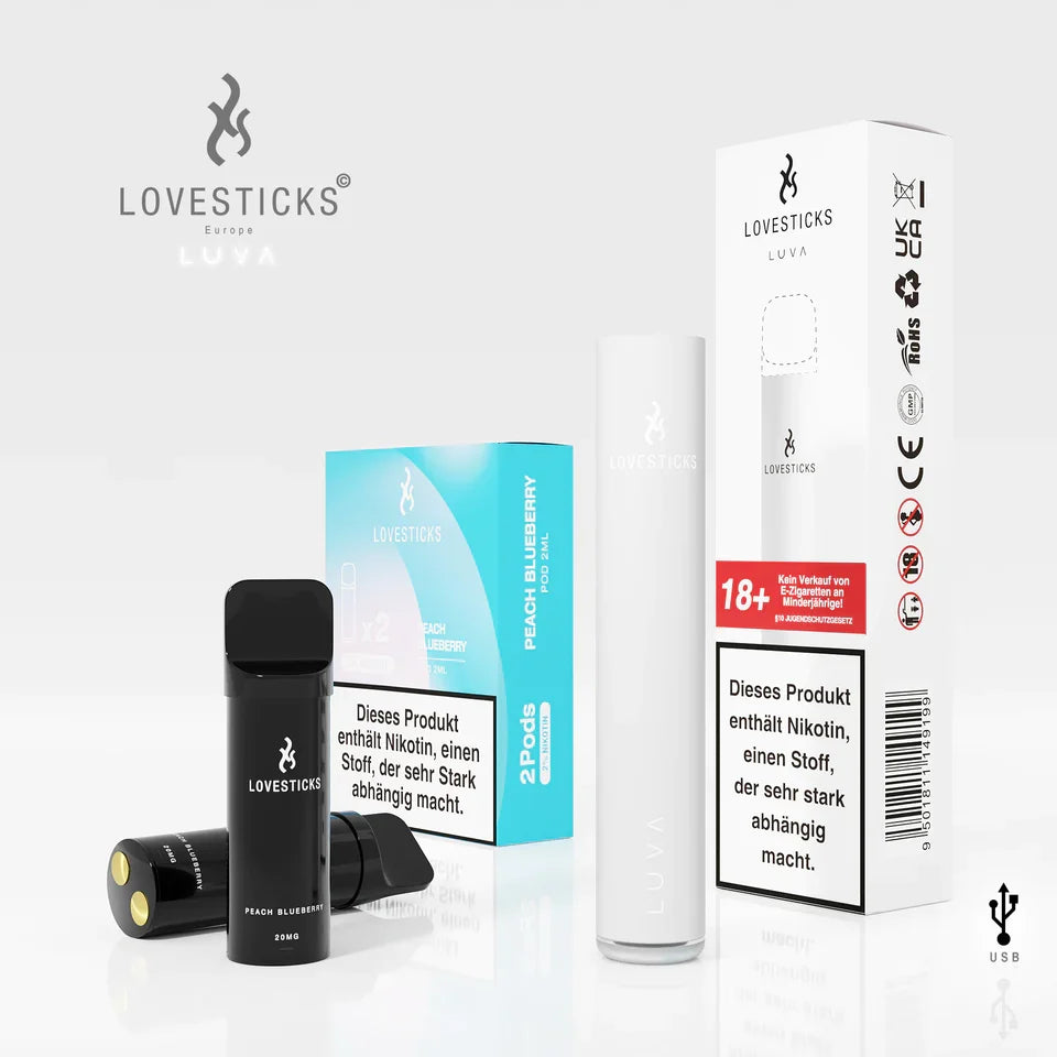 LUVA Kit White: Akkuträger White und 2 Pods Peach Blueberry Ice mit 20 mg/ml Nikotinsalz neben Verpackung