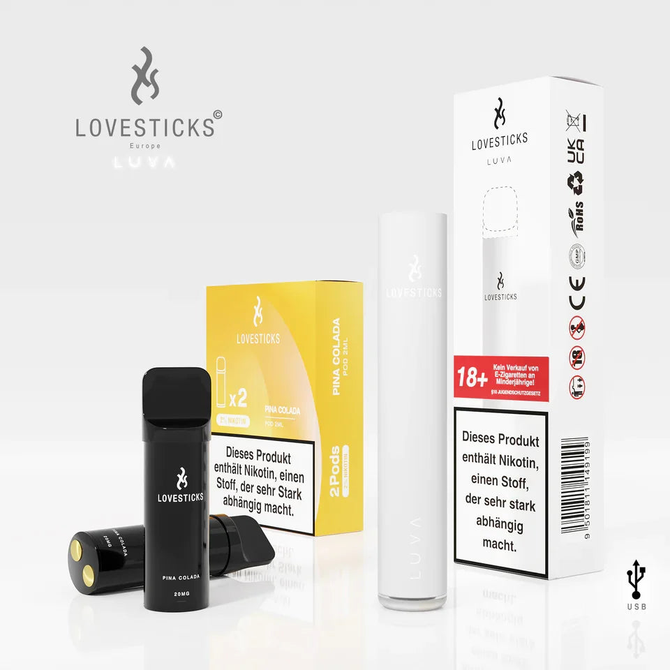 LUVA Kit White: Akkuträger White und 2 Pods Pina Colada mit 20 mg/ml Nikotinsalz neben Verpackung