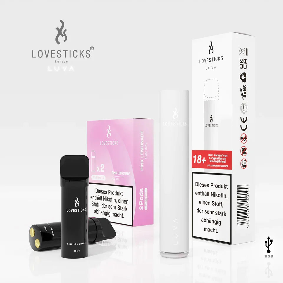 LUVA Kit White: Akkuträger White und 2 Pods Pink Lemonade mit 20 mg/ml Nikotinsalz neben Verpackung