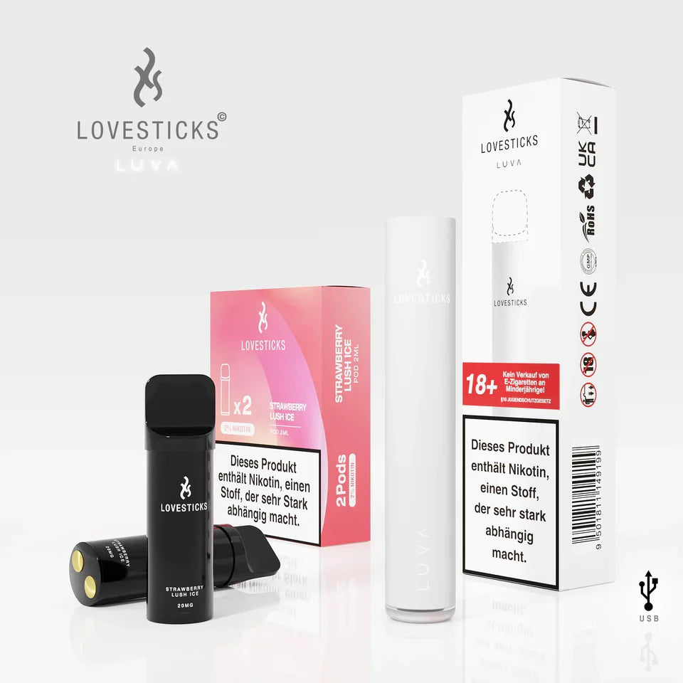 LUVA Kit White: Akkuträger White und 2 Pods Strawberry Lush Ice mit 20 mg/ml Nikotinsalz neben Verpackung
