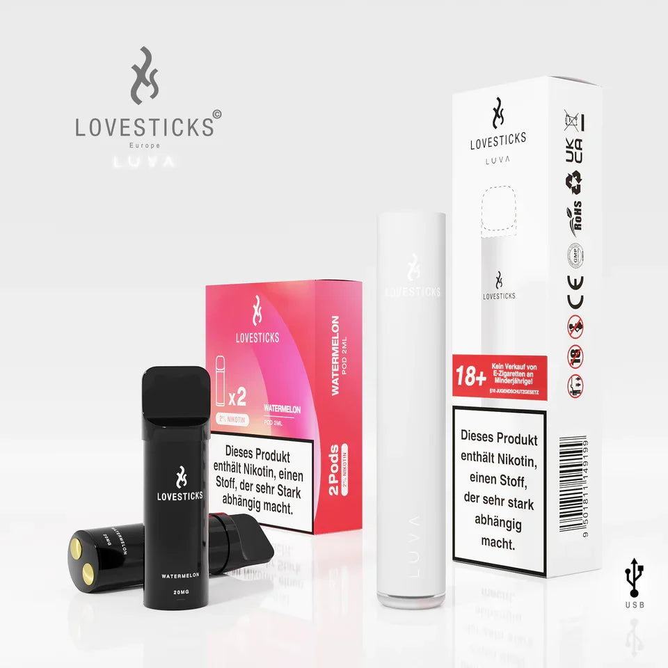 LUVA Kit White: Akkuträger White und 2 Pods Watermelon mit 20 mg/ml Nikotinsalz neben Verpackung