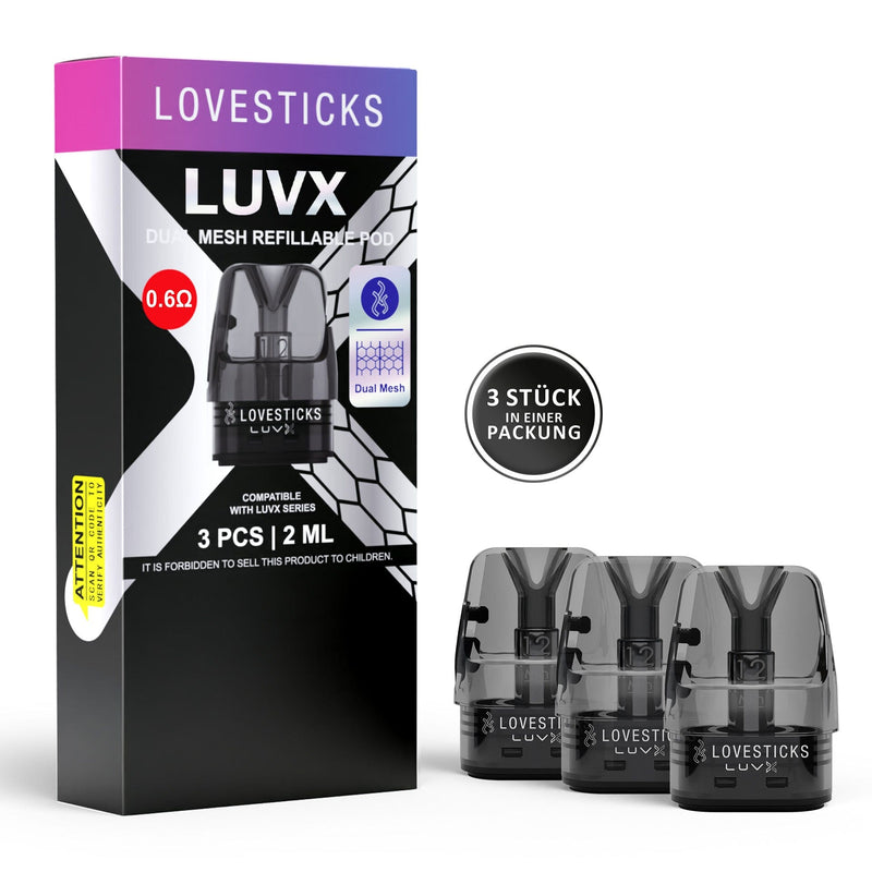 LUVX Pod 0,6 Ohm, 3 nachfüllbare Ersatzpods à 2 ml mit Dual-Mesh-Coil neben Verpackung