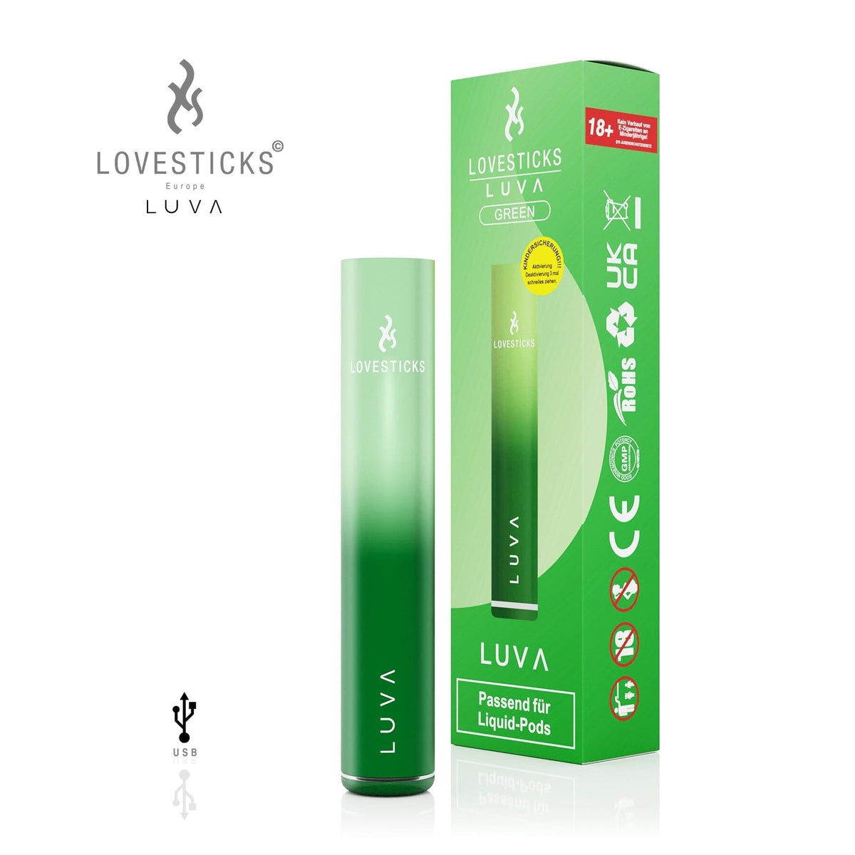 LUVA Akkuträger Green, aufladbarer Akku mit 400 mAh für LUVA Pods, Gerät neben Verpackung