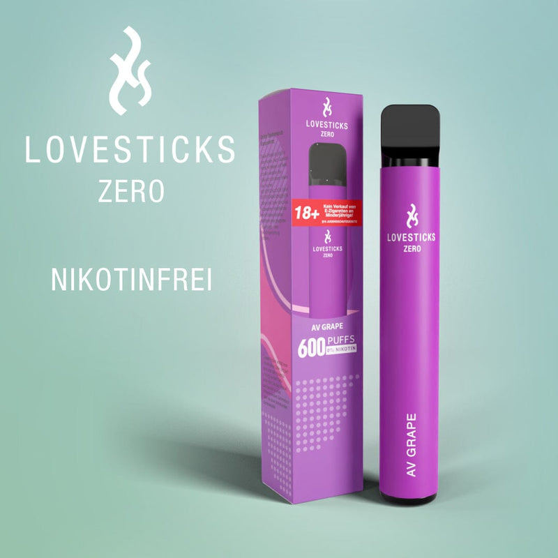 LOVESTICKS Zero AV Grapes, Einweg-Vape ohne Nikotin (0 mg) mit 2 ml Liquid, Gerät neben Verpackung