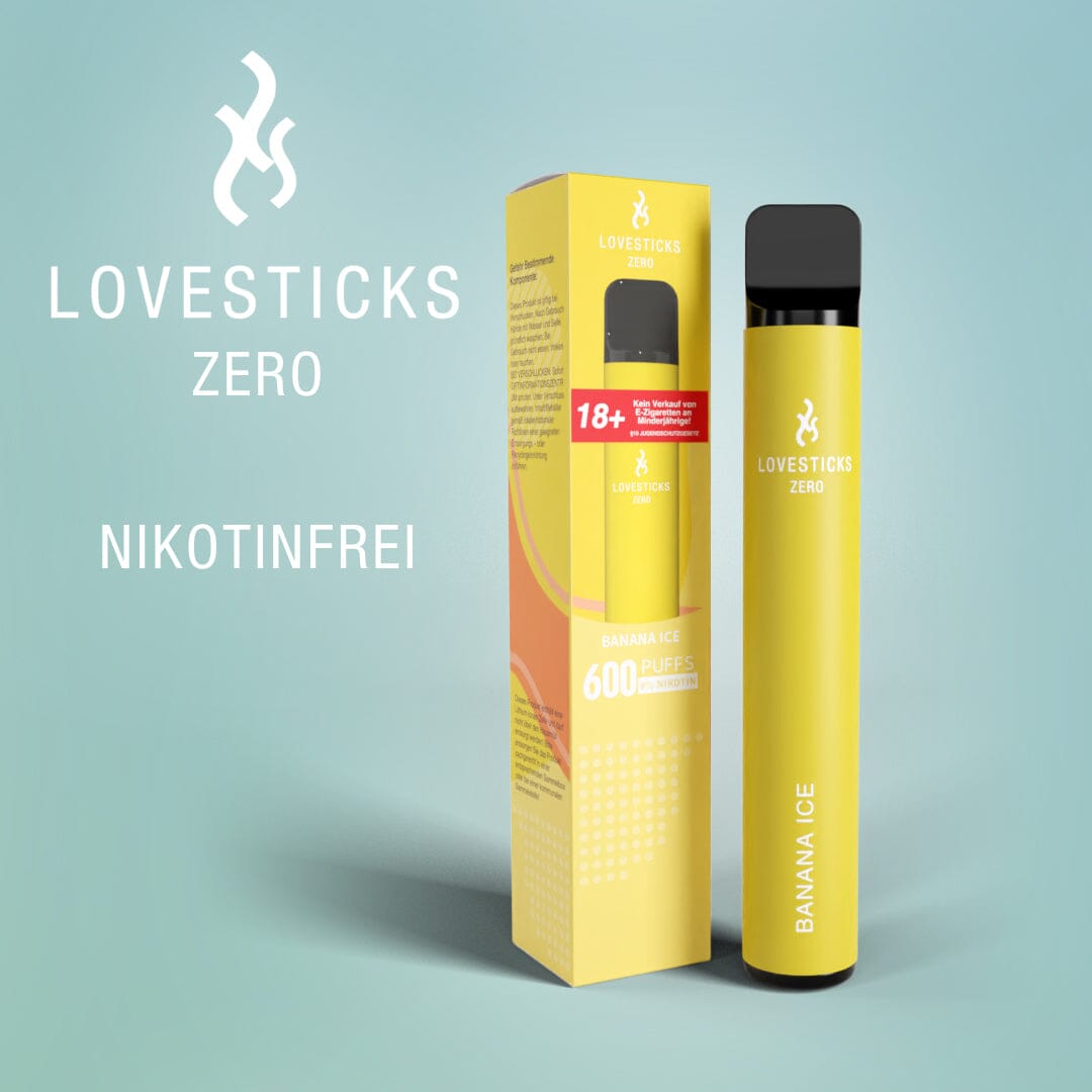 LOVESTICKS Zero Banana Ice, Einweg-Vape ohne Nikotin (0 mg) mit 2 ml Liquid, Gerät neben Verpackung