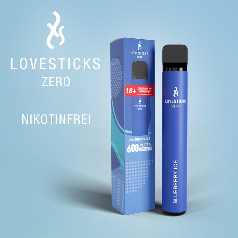 LOVESTICKS Zero Blueberry Ice, Einweg-Vape ohne Nikotin (0 mg) mit 2 ml Liquid, Gerät neben Verpackung