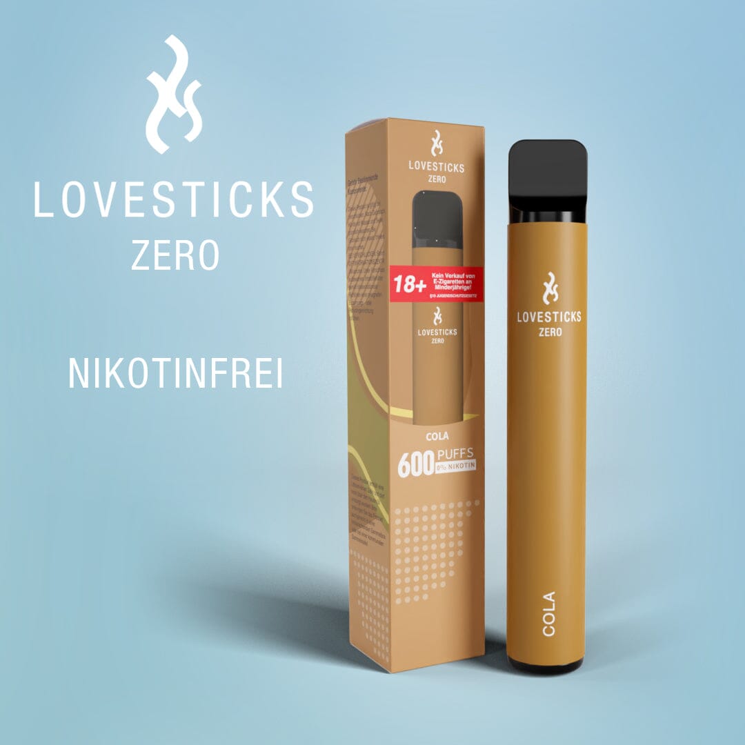 LOVESTICKS Zero Cola, Einweg-Vape ohne Nikotin (0 mg) mit 2 ml Liquid, Gerät neben Verpackung