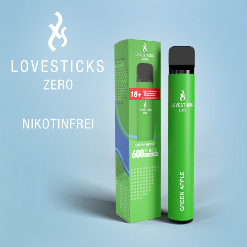 LOVESTICKS Zero Green Apple, Einweg-Vape ohne Nikotin (0 mg) mit 2 ml Liquid, Gerät neben Verpackung