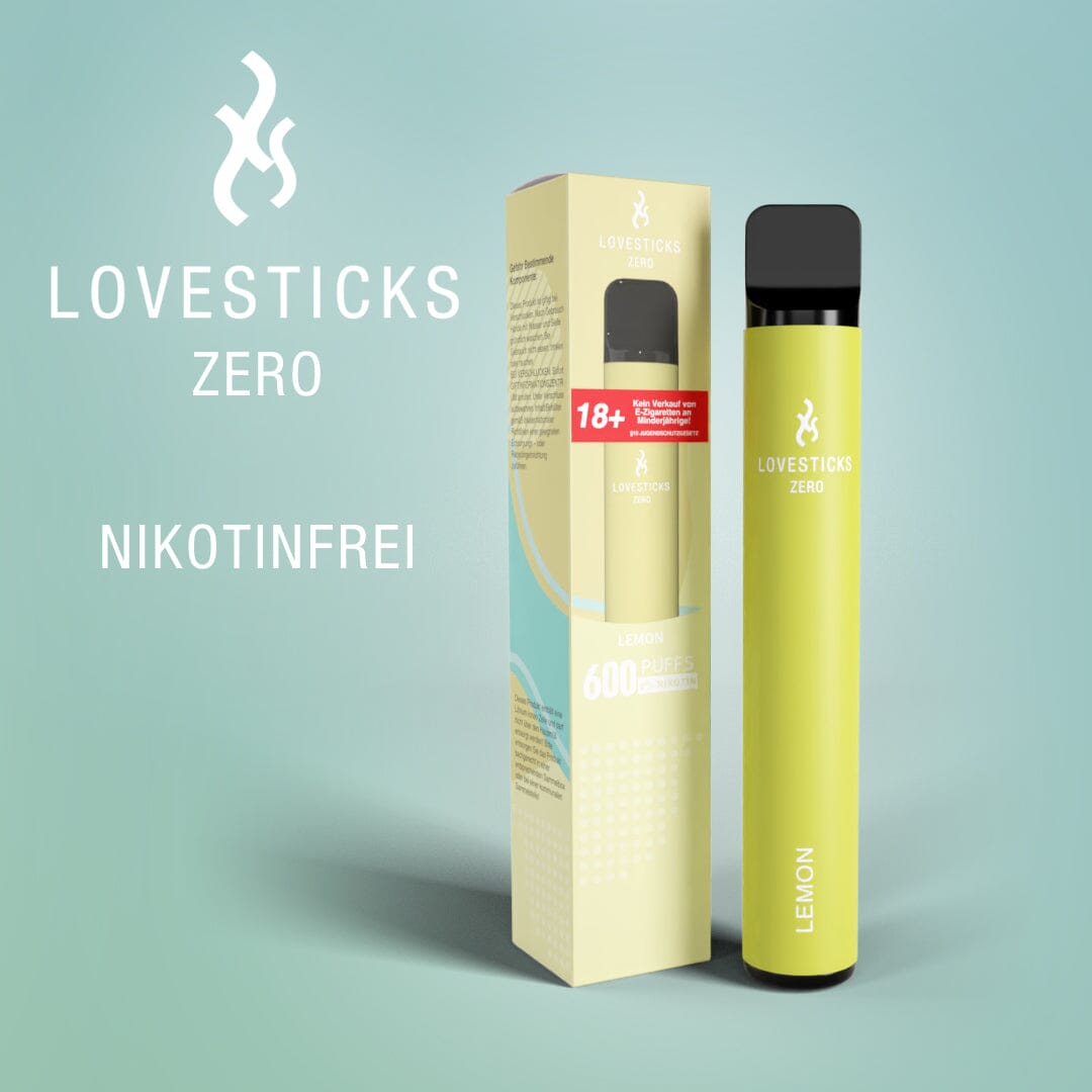LOVESTICKS Zero Lemon, Einweg-Vape ohne Nikotin (0 mg) mit 2 ml Liquid, Gerät neben Verpackung
