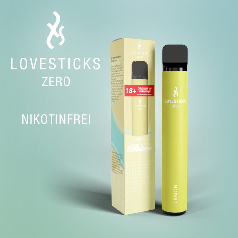 LOVESTICKS Zero Lemon, Einweg-Vape ohne Nikotin (0 mg) mit 2 ml Liquid, Gerät neben Verpackung