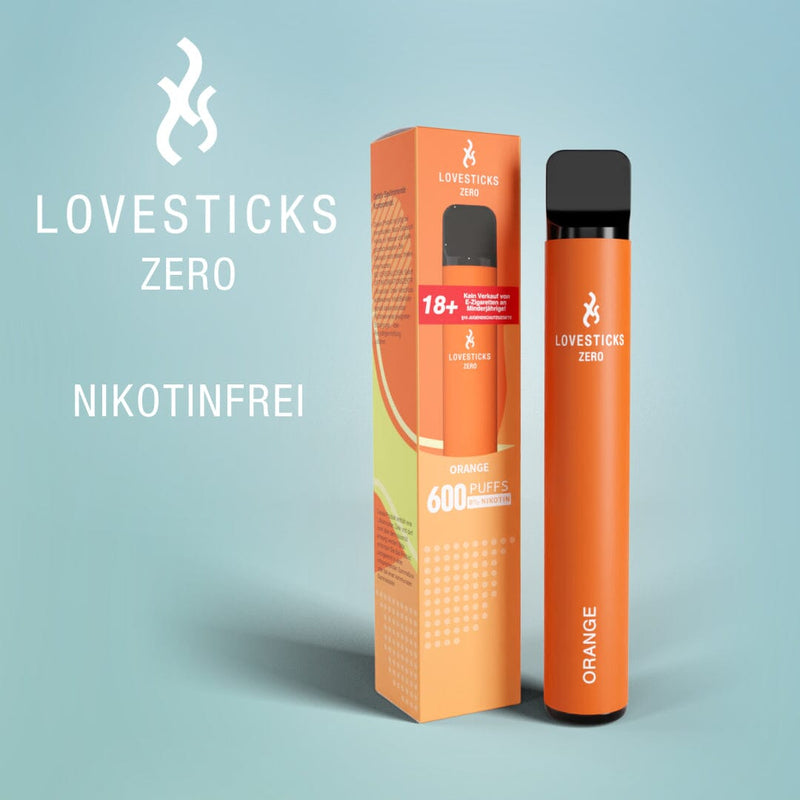 LOVESTICKS Zero Orange, Einweg-Vape ohne Nikotin (0 mg) mit 2 ml Liquid, Gerät neben Verpackung