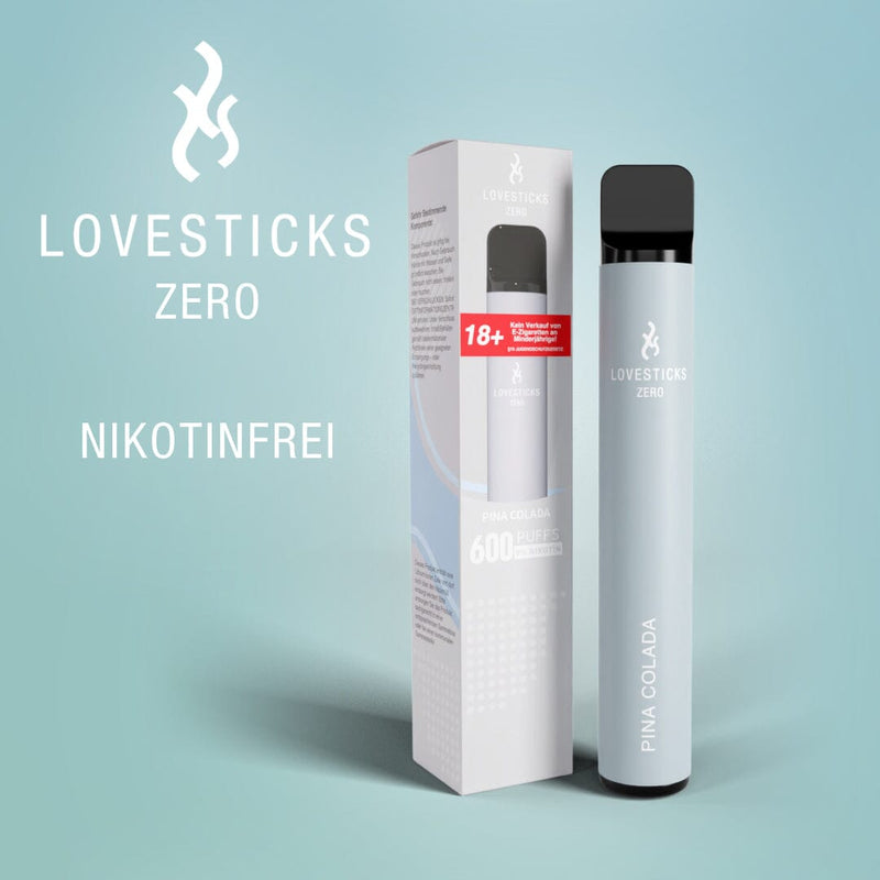 LOVESTICKS Zero Pina Colada, Einweg-Vape ohne Nikotin (0 mg) mit 2 ml Liquid, Gerät neben Verpackung
