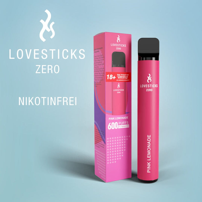 LOVESTICKS Zero Pink Lemonade, Einweg-Vape ohne Nikotin (0 mg) mit 2 ml Liquid, Gerät neben Verpackung