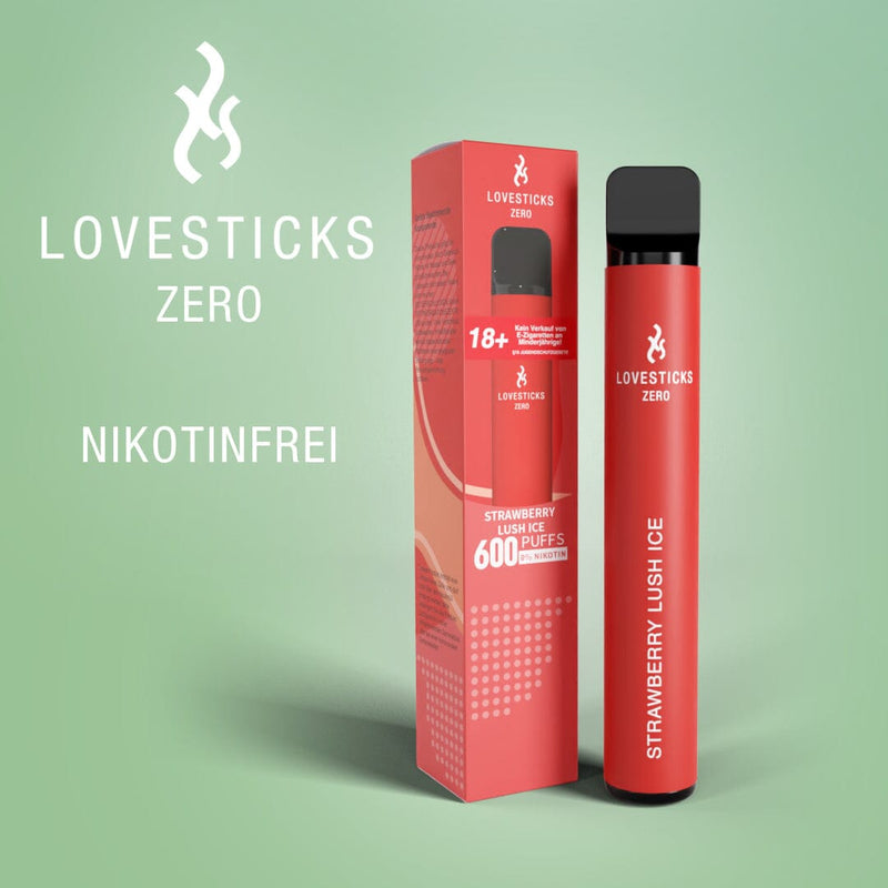 LOVESTICKS Zero Strawberry Lush Ice, Einweg-Vape ohne Nikotin (0 mg) mit 2 ml Liquid, Gerät neben Verpackung