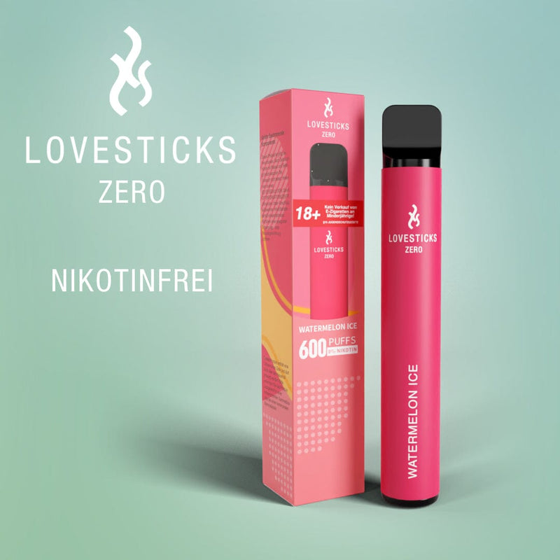 LOVESTICKS Zero Watermelon Ice, Einweg-Vape ohne Nikotin (0 mg) mit 2 ml Liquid, Gerät neben Verpackung