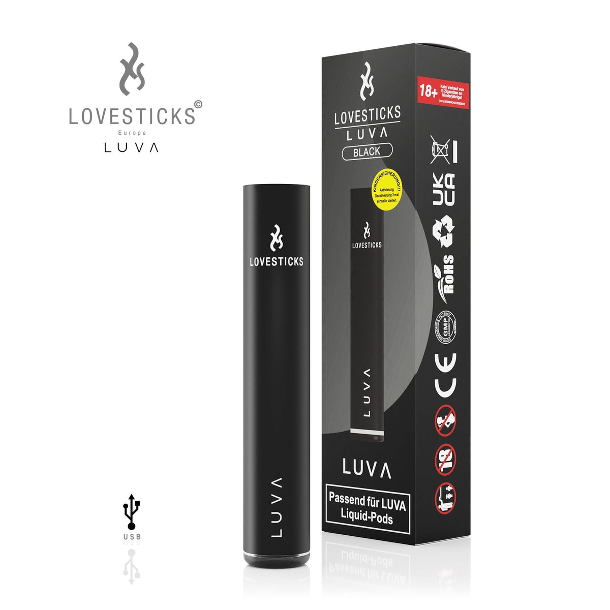 LUVA Akkuträger Black, aufladbarer Akku mit 400 mAh für LUVA Pods, Gerät neben Verpackung