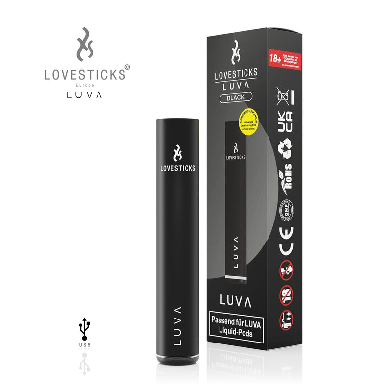LUVA Akkuträger Black, aufladbarer Akku mit 400 mAh für LUVA Pods, Gerät neben Verpackung