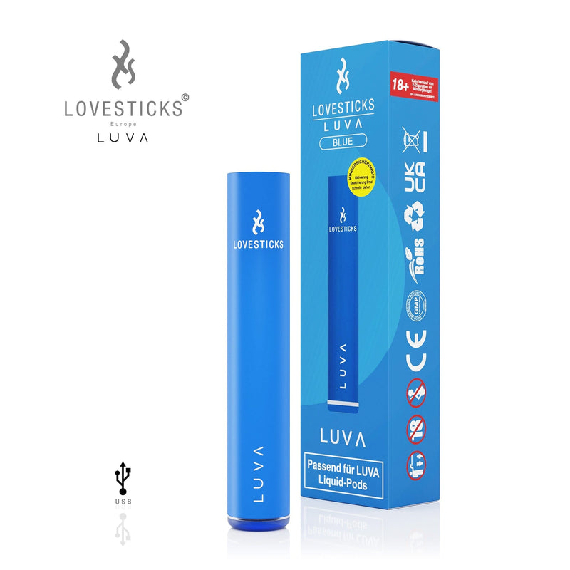 LUVA Akkuträger Blue, aufladbarer Akku mit 400 mAh für LUVA Pods, Gerät neben Verpackung